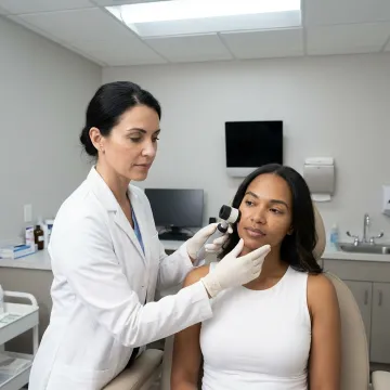 Dermatologist examining pigmentation before laser treatment