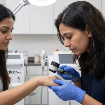 Dermatologist examining a wart before laser treatment