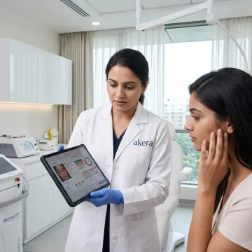 Dermatologist consulting patient at skin clinic