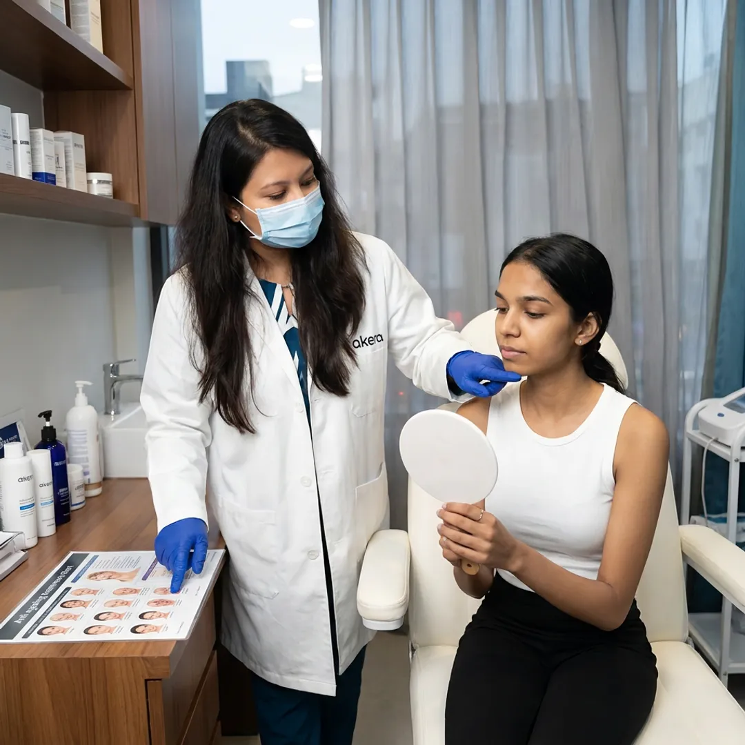 Dermatologist explaining anti-ageing treatment options