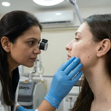 Dermatologist assessing open pores before treatment