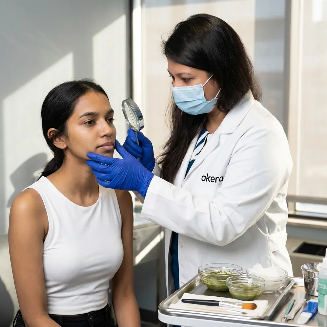 Dermatologist reviewing skin before peel treatment
