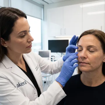 Dermatologist assessing eyelid filler treatment