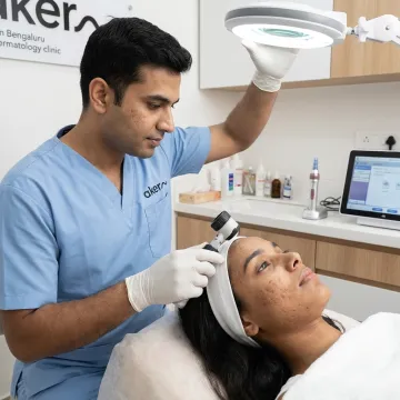 Dermatologist assessing acne scars before treatment