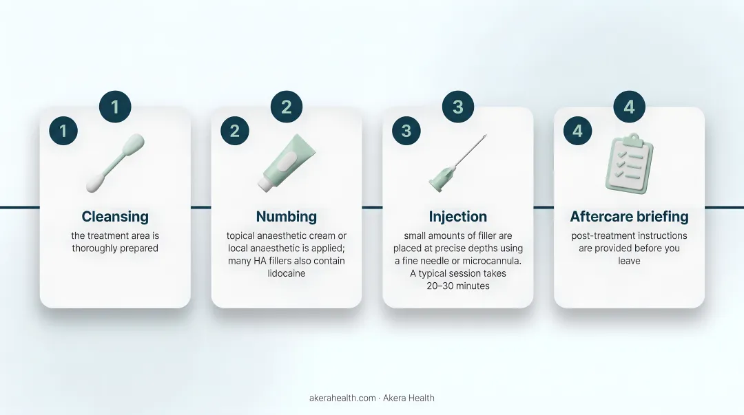 Four-step forehead filler procedure process flow from cleansing to aftercare