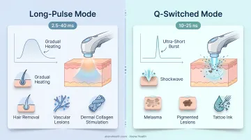 Nd:YAG laser long-pulse versus Q-switched mode comparison infographic
