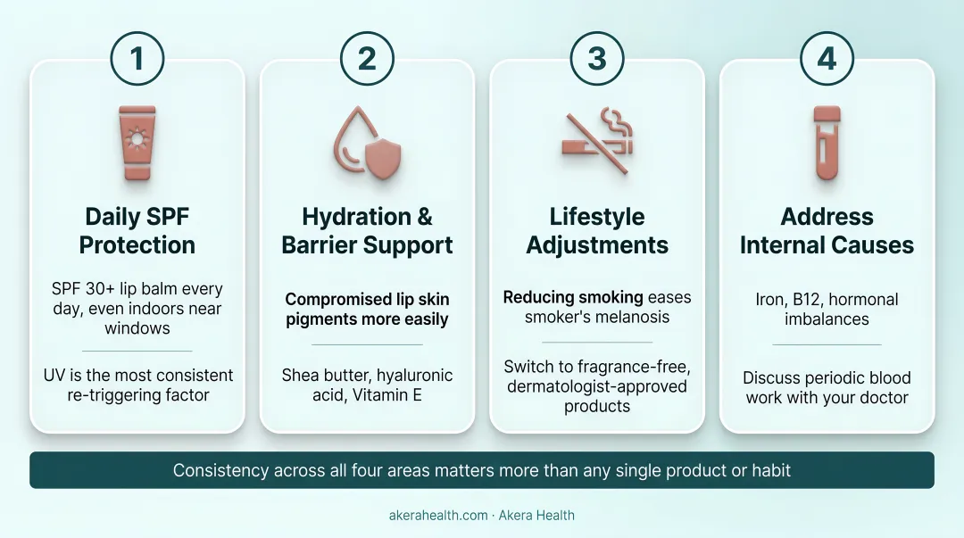 Four pillars of long-term lip pigmentation prevention daily routine infographic