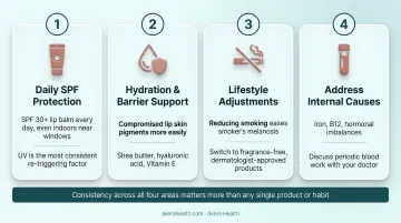 Four pillars of long-term lip pigmentation prevention daily routine infographic