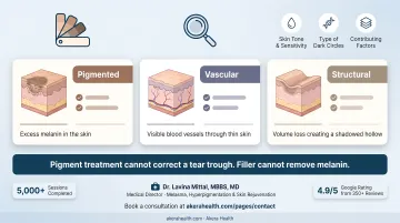 Dark circle treatment types matched to pigmented vascular and structural causes infographic