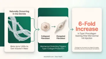 Hyaluronic acid fibroblast activation and collagen production mechanism infographic
