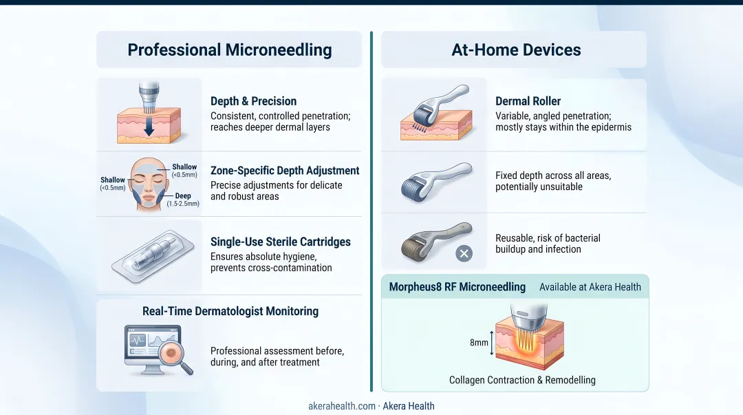 Professional microneedling versus at-home derma roller side-by-side comparison infographic