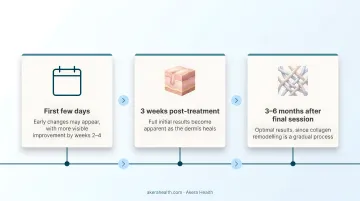 RF microneedling results timeline showing improvement milestones from days to six months post-treatment