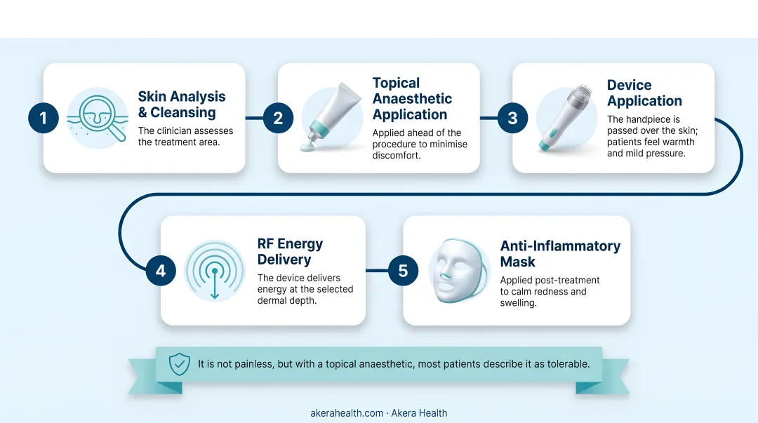 5-step RF microneedling treatment session protocol process flow infographic