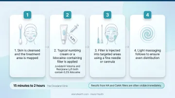 Four-step apple cheek filler injection session process flow diagram