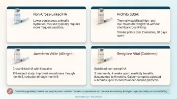Four HA skin booster formulations comparison chart clinical protocols and results duration