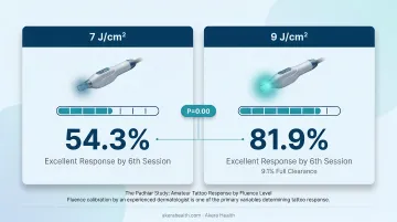 Fluence comparison 7 vs 9 J/cm² tattoo removal efficacy outcomes infographic