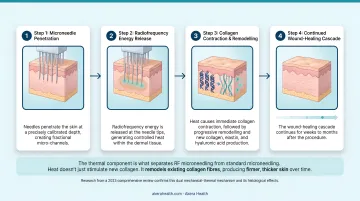 4-step RF microneedling mechanism process from needle penetration to collagen remodelling