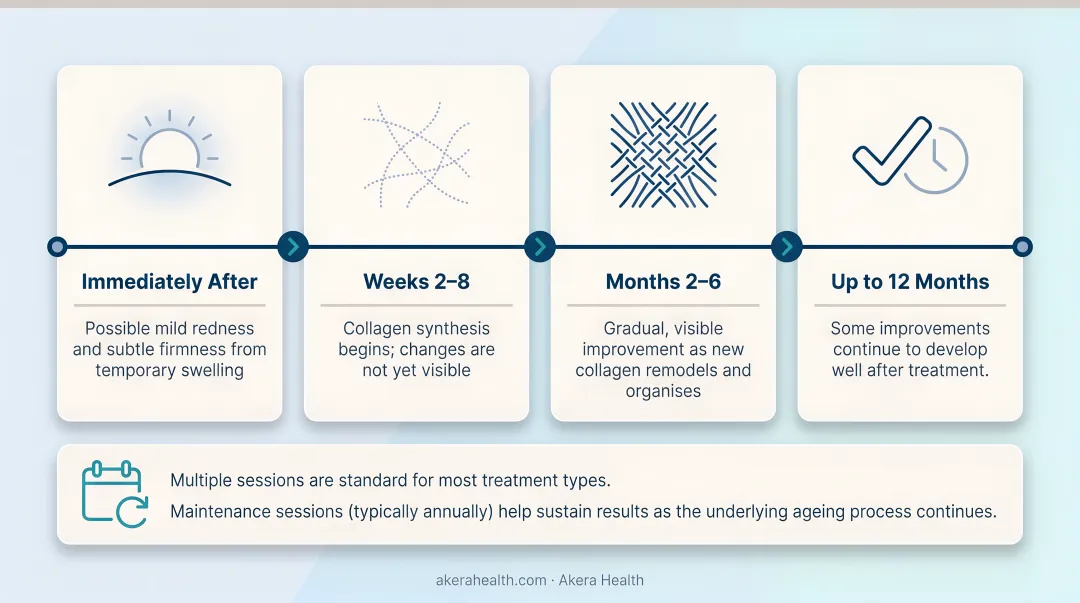 Non-surgical skin tightening results timeline from treatment day to twelve months