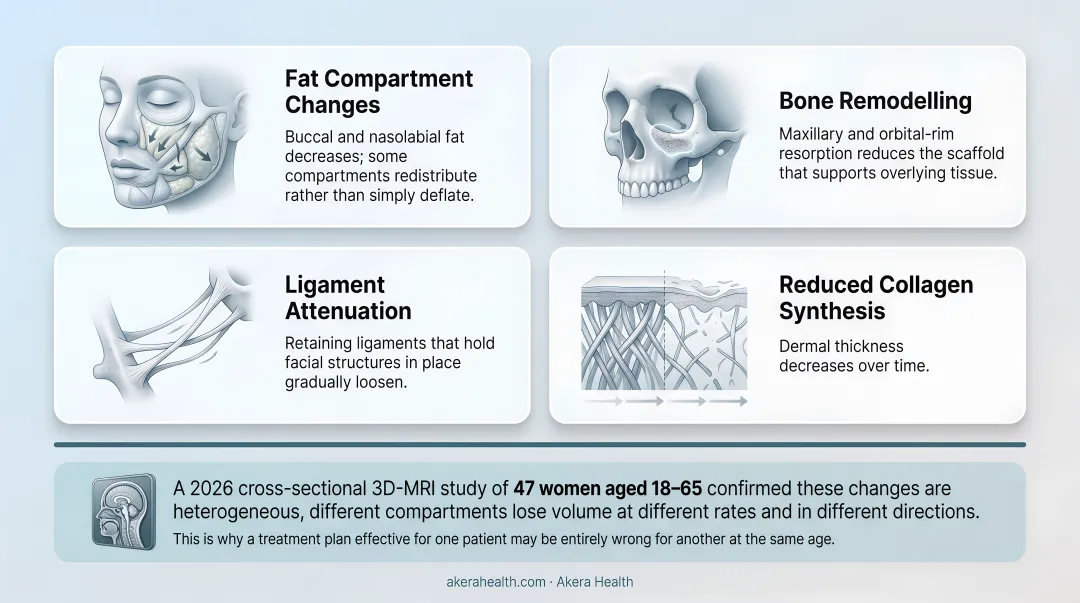 Four key facial aging changes causing mid-face volume loss infographic
