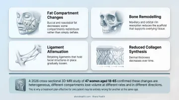 Four key facial aging changes causing mid-face volume loss infographic