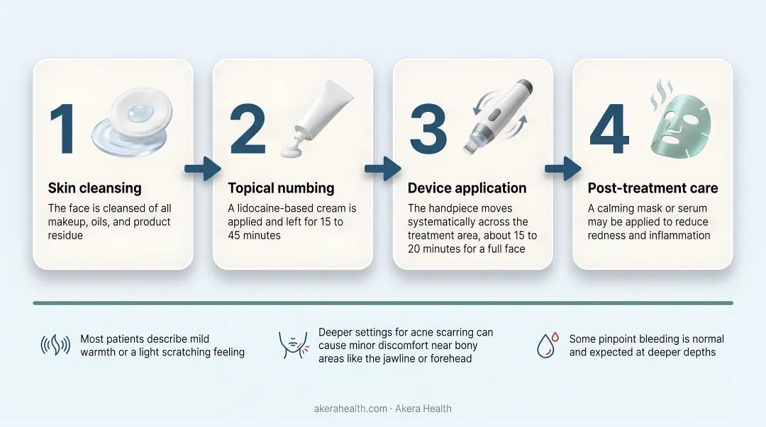 4-step professional microneedling procedure sequence from cleansing to post-treatment care