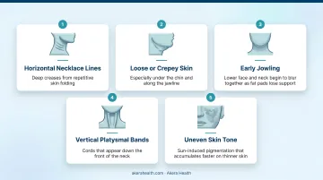 Five early signs of neck aging illustrated with symptoms and visual descriptors