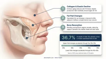 Three structural causes of nasolabial fold deepening with age infographic