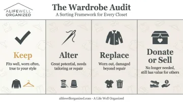 Wardrobe audit sorting categories keep alter replace donate infographic