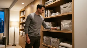 Person completing daily home reset routine returning items to organized designated places