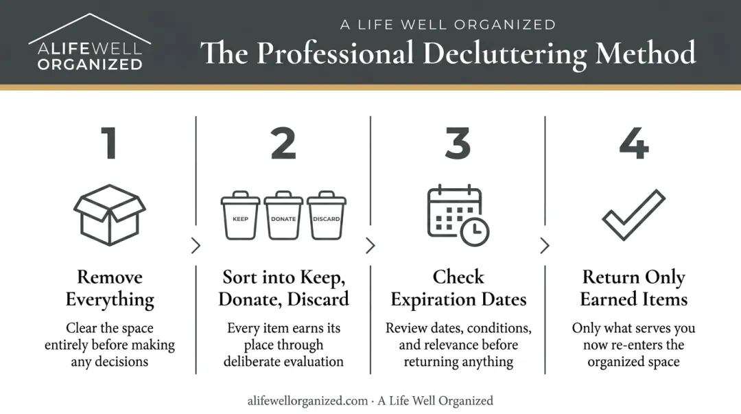 4-step professional kitchen decluttering sequence process flow infographic
