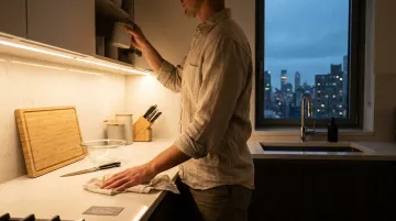 Person performing nightly kitchen counter reset clearing clutter and wiping surfaces