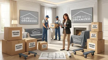 Professional organizer coordinating luxury home move with white-glove moving team