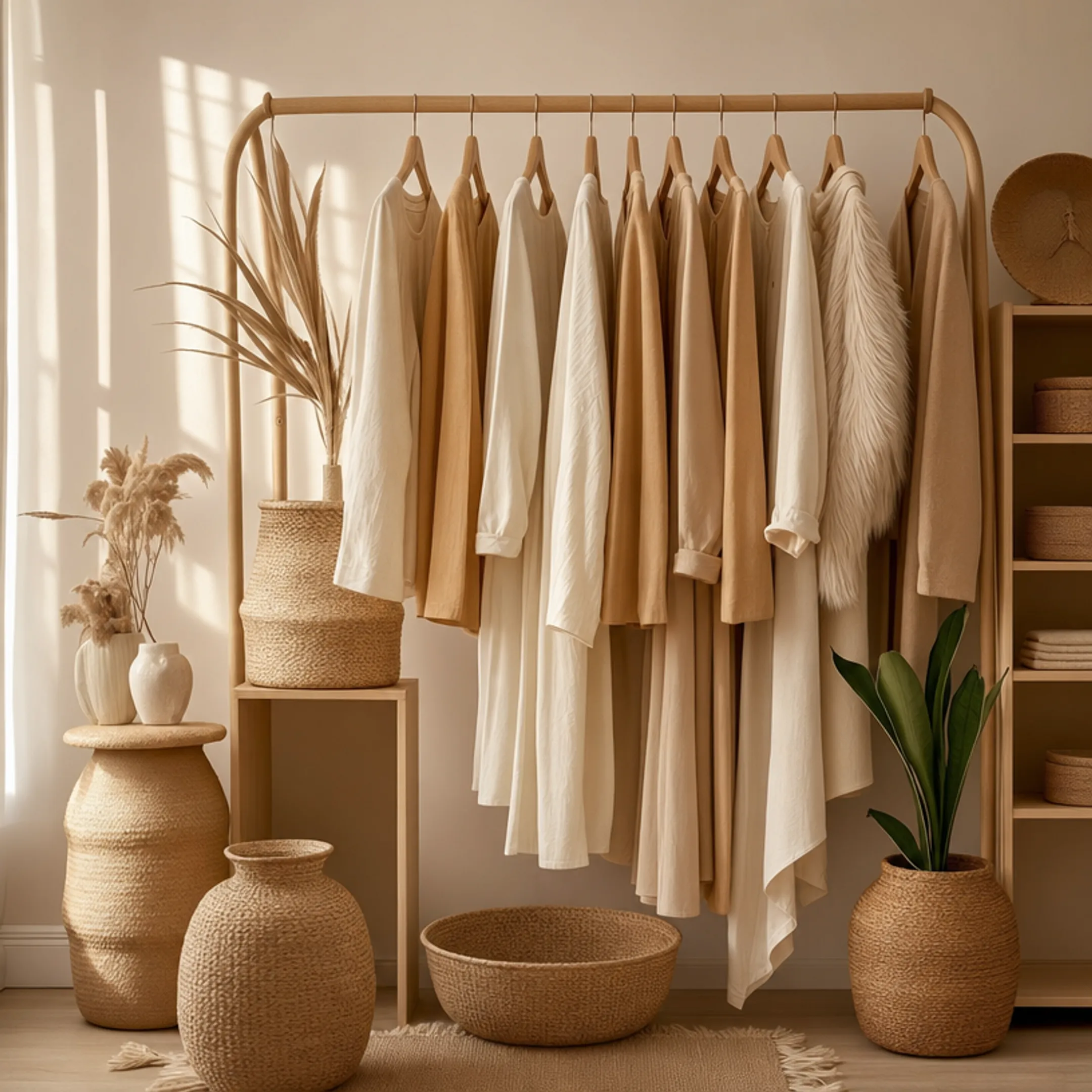 Quiet luxury closet with uniform hangers and neutral color palette