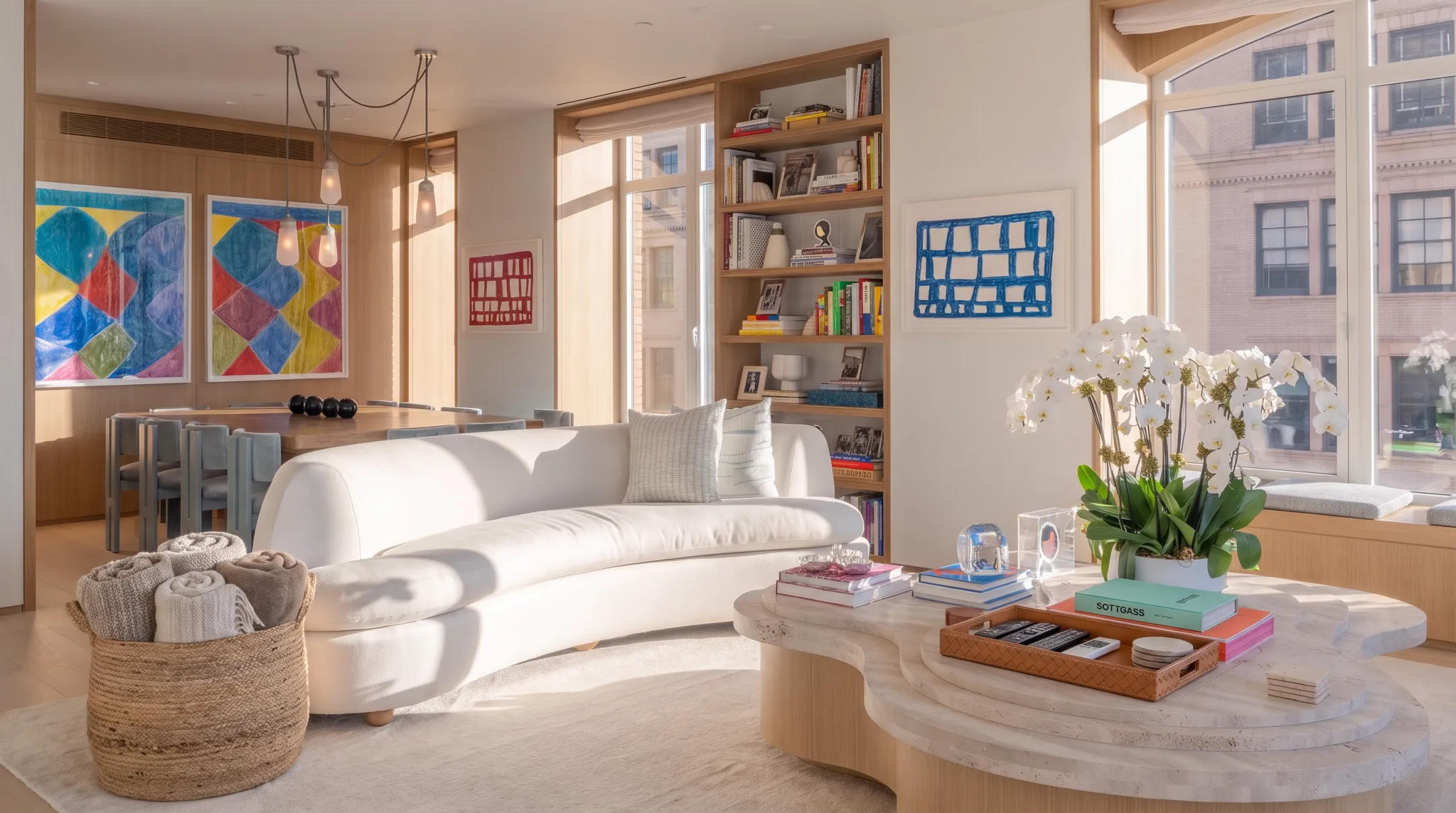 Organized luxury living room with decorative trays and hidden storage baskets