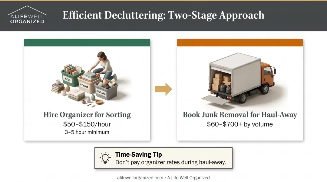 Two-step home decluttering process showing organizer sorting phase followed by junk removal haul-away