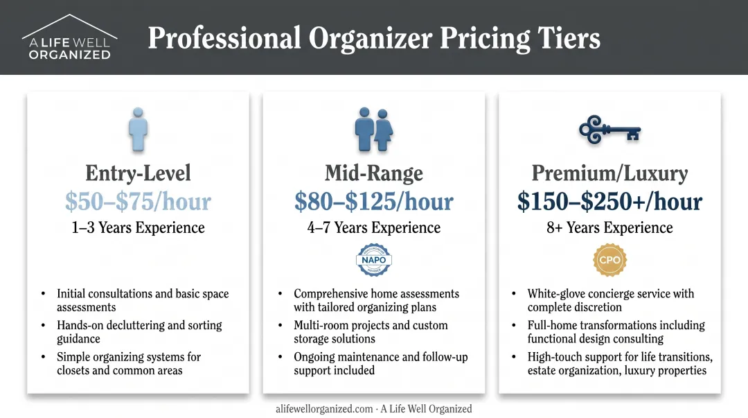 Three-tier professional organizer pricing breakdown comparing entry-level mid-range and premium service rates