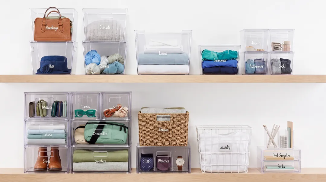 Professional organizing storage products including bins shelving drawer organizers and custom label systems