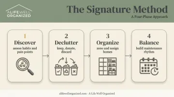 Four-phase Discover Declutter Organize Balance organizing framework diagram