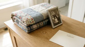 Handcrafted memory quilt and framed photo honoring a loved one's belongings