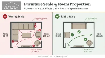 Furniture scale comparison showing oversized versus correctly sized room layout