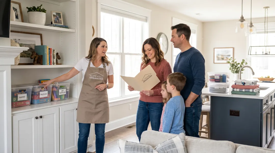 Professional organizer conducting family orientation walkthrough in newly organized home with labeled storage systems