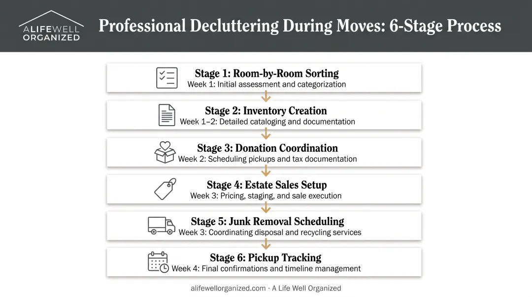 Six-step professional organizer decluttering process from sorting to junk removal coordination