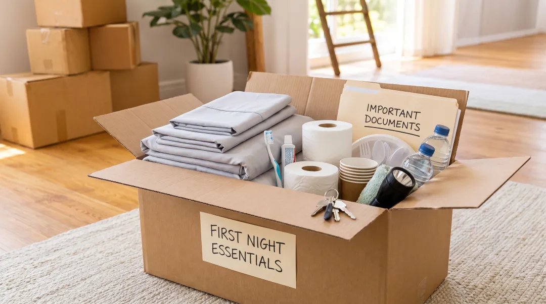 Essentials box packed with first-night necessities including toiletries bedding and kitchen basics