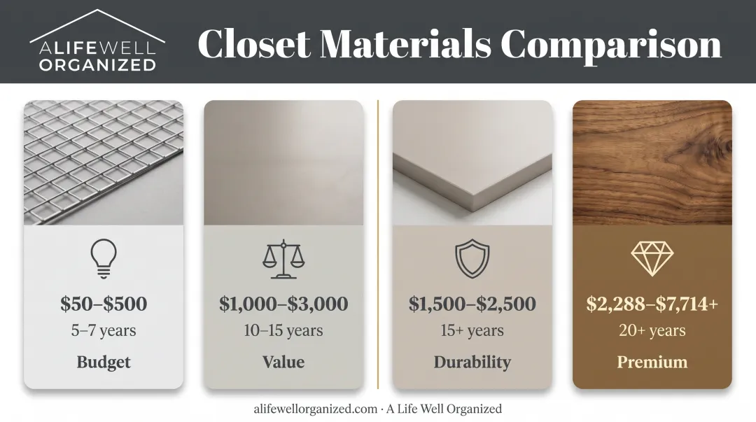 Closet system materials comparison chart showing wire laminate melamine and solid wood durability and cost ranges