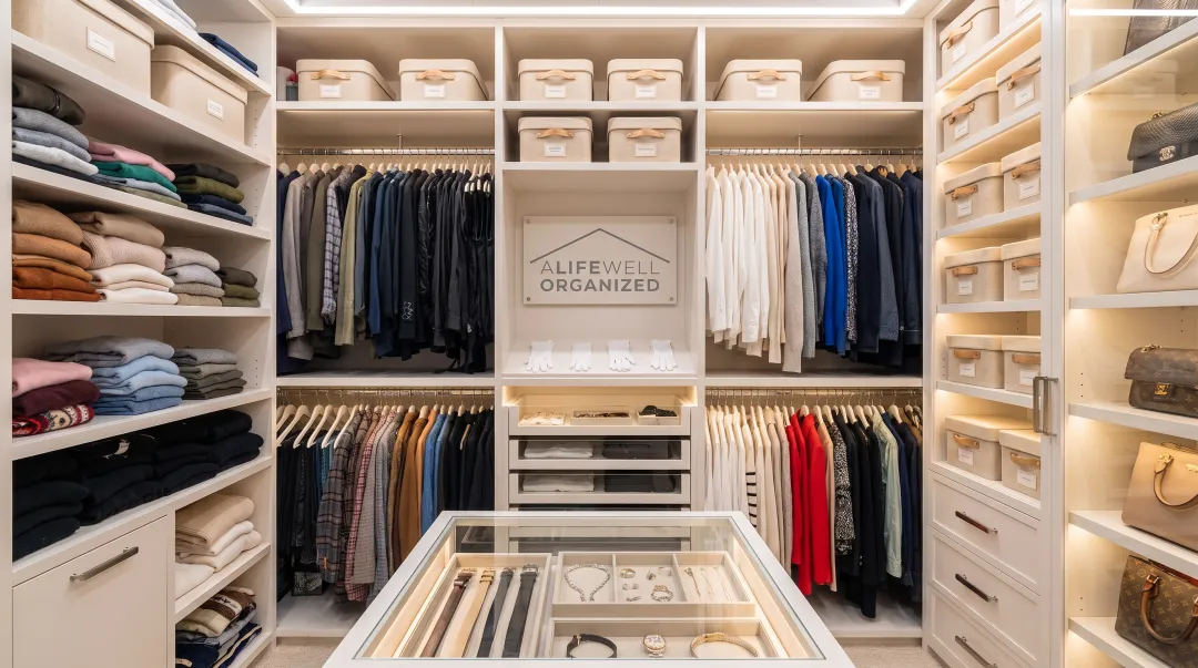 Luxury organized walk-in closet featuring custom storage systems color-coordinated clothing and premium accessories display