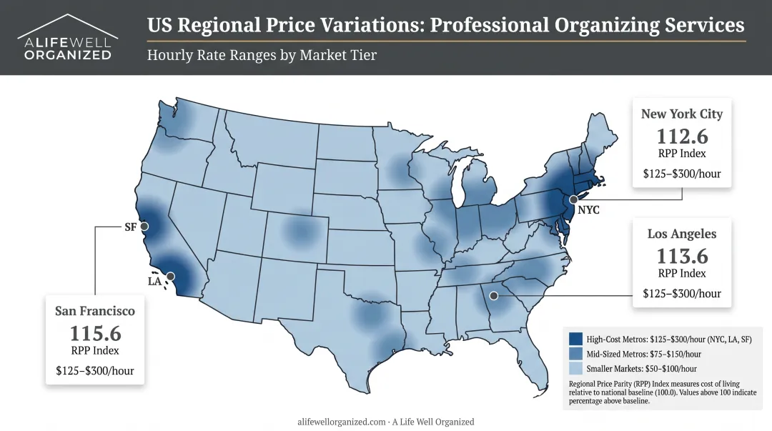 Geographic cost variations for professional organizing services across US metro areas map visualization