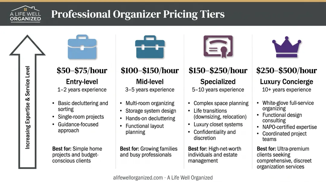 Professional organizer pricing tiers from entry-level to luxury concierge services comparison chart