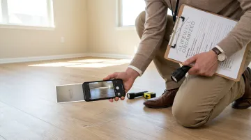 Landlord photographing apartment damage during move-out inspection walkthrough