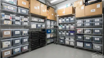 Organized stockroom with labeled bins and zone-based shelving system