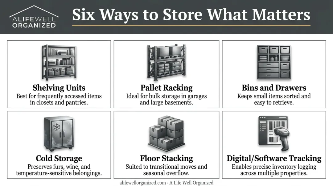 Six types of inventory storage methods comparison chart with icons